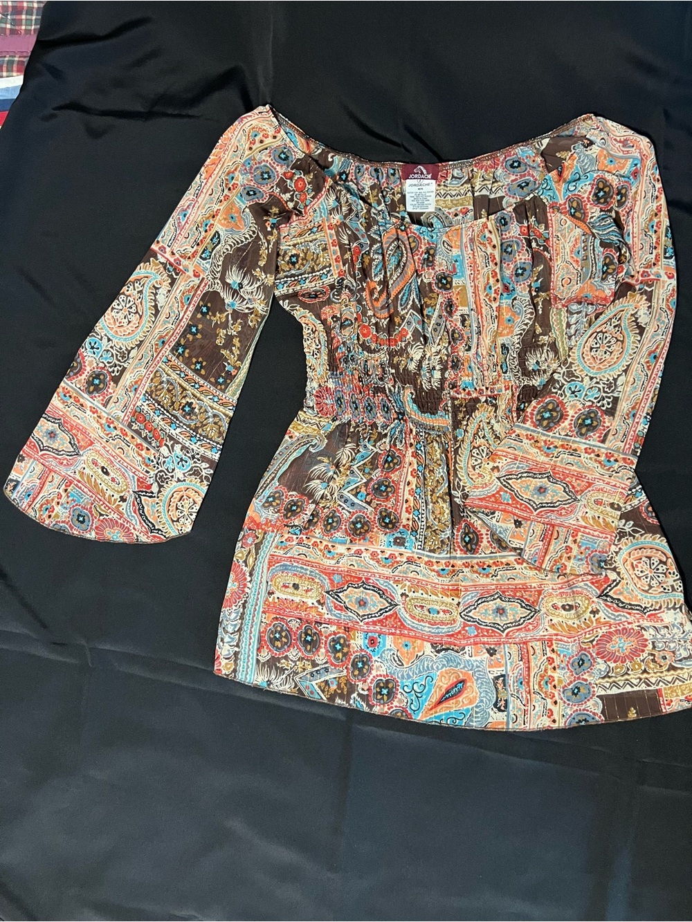 Vintage Jordache Y2K Paisley Sheer Mesh Smocked Boho Blouse M
